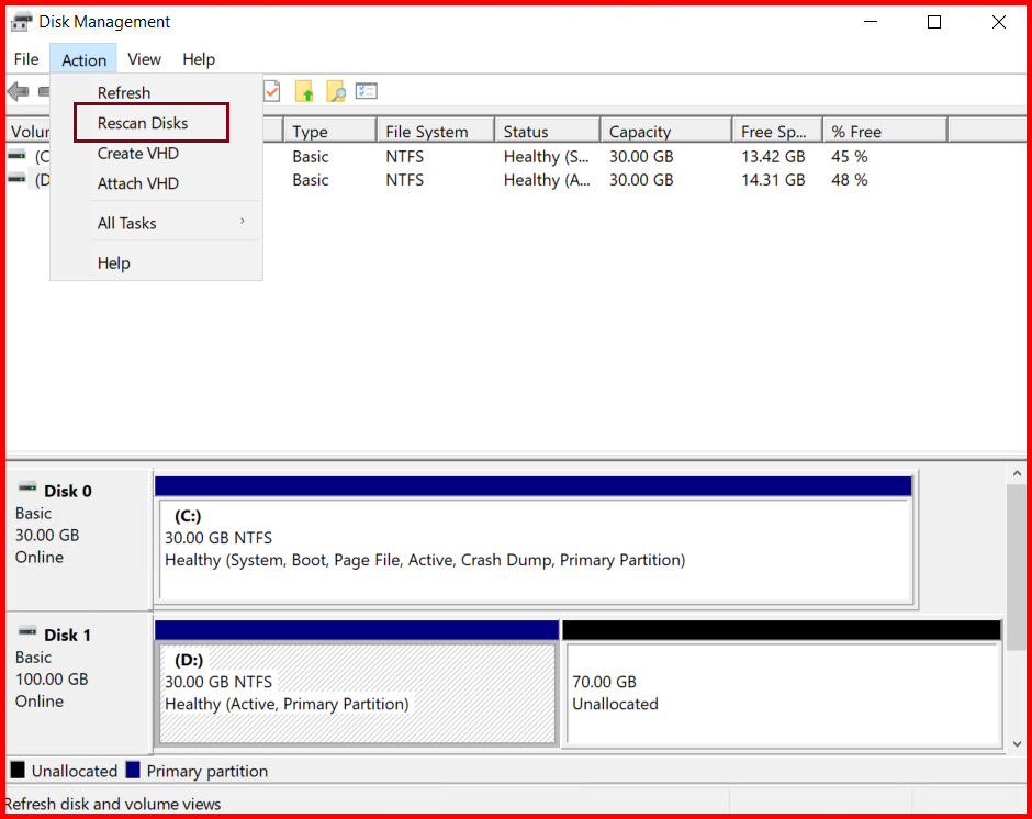Picture showing an option to rescan the disk